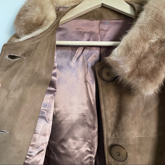 VINTAGE 1960 Suede Coat Mink Collar - Satin Lined size 7 - Picture 8 of 14